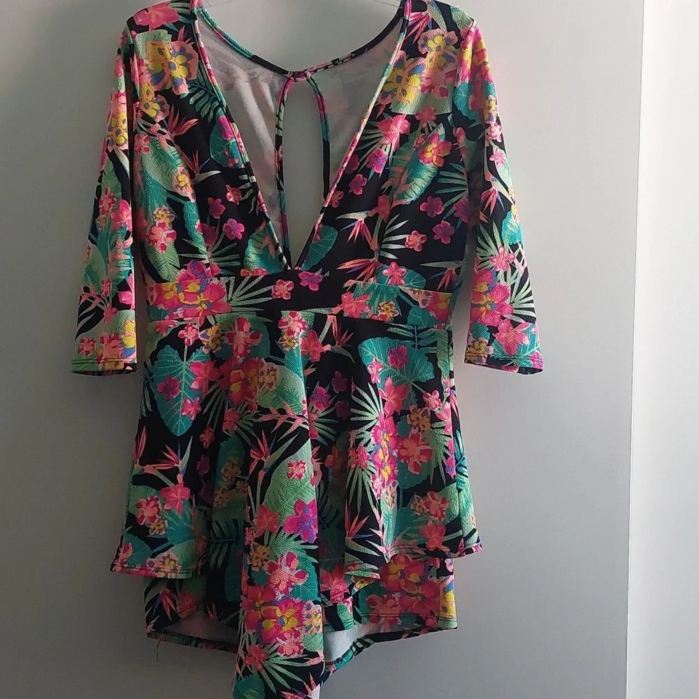 Floral 90s Y2K Shorts Romper Stretch Tropical Beach Resortwear M/L Floral Neon